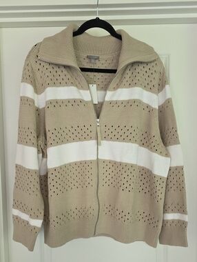 NWT Talbots Striped Open Stitch Sweater Jacket Oat White 3XP